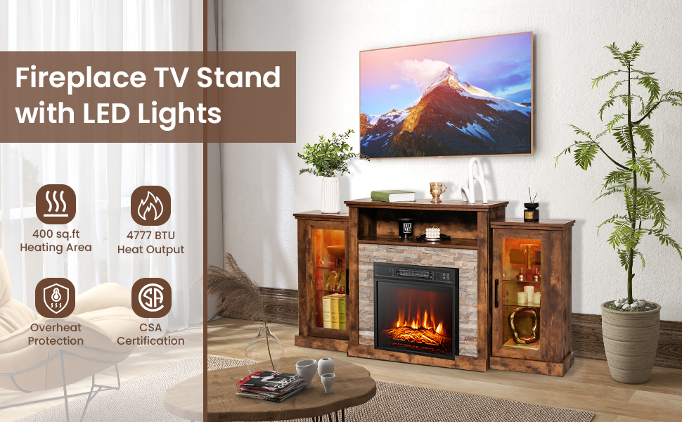 Fireplace TV Stand with 16-Color Led Lights for TVs up to 65 Inch